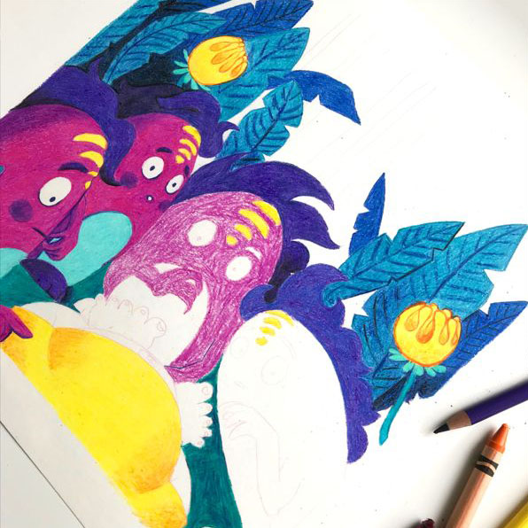 Work in Progress - Illustration mit Wachsmalstiften und Monstern