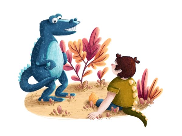 Illustration eines blauen Dinosauriers und eines Jungen mit Dinokostüm, die einander ansehen.