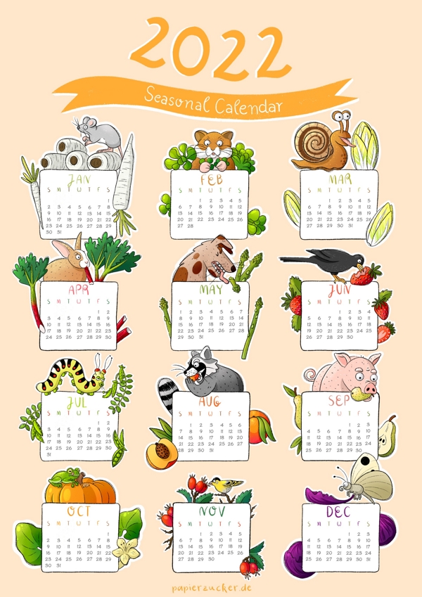 Seasonal calendar showing for each month a different animal eating a seasonal vegetable or fruit.